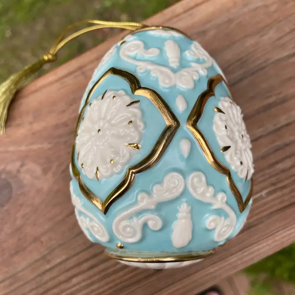 Lenox Venetian Egg Ornament Blue and White Porcelain Gold Trim